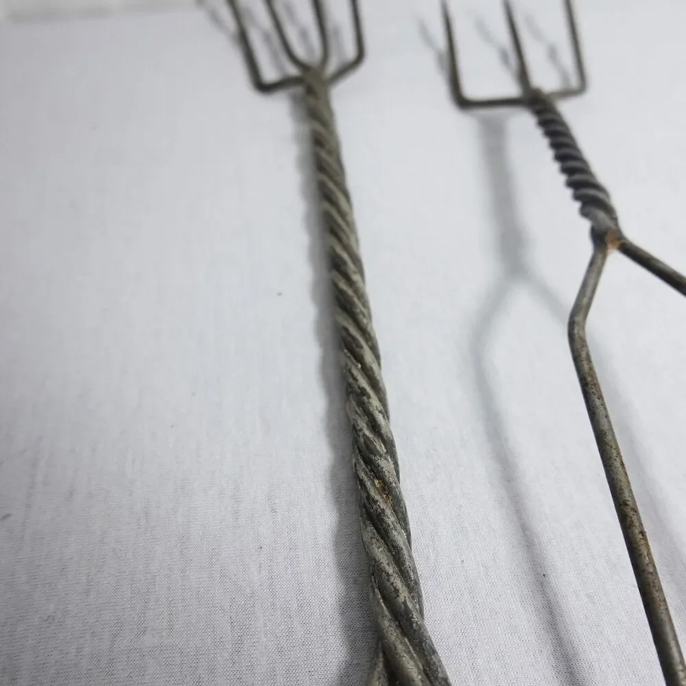 Vintage Kitchen GALVANIZED TWISTED WIRE SPIT FORK and tongs Utensils